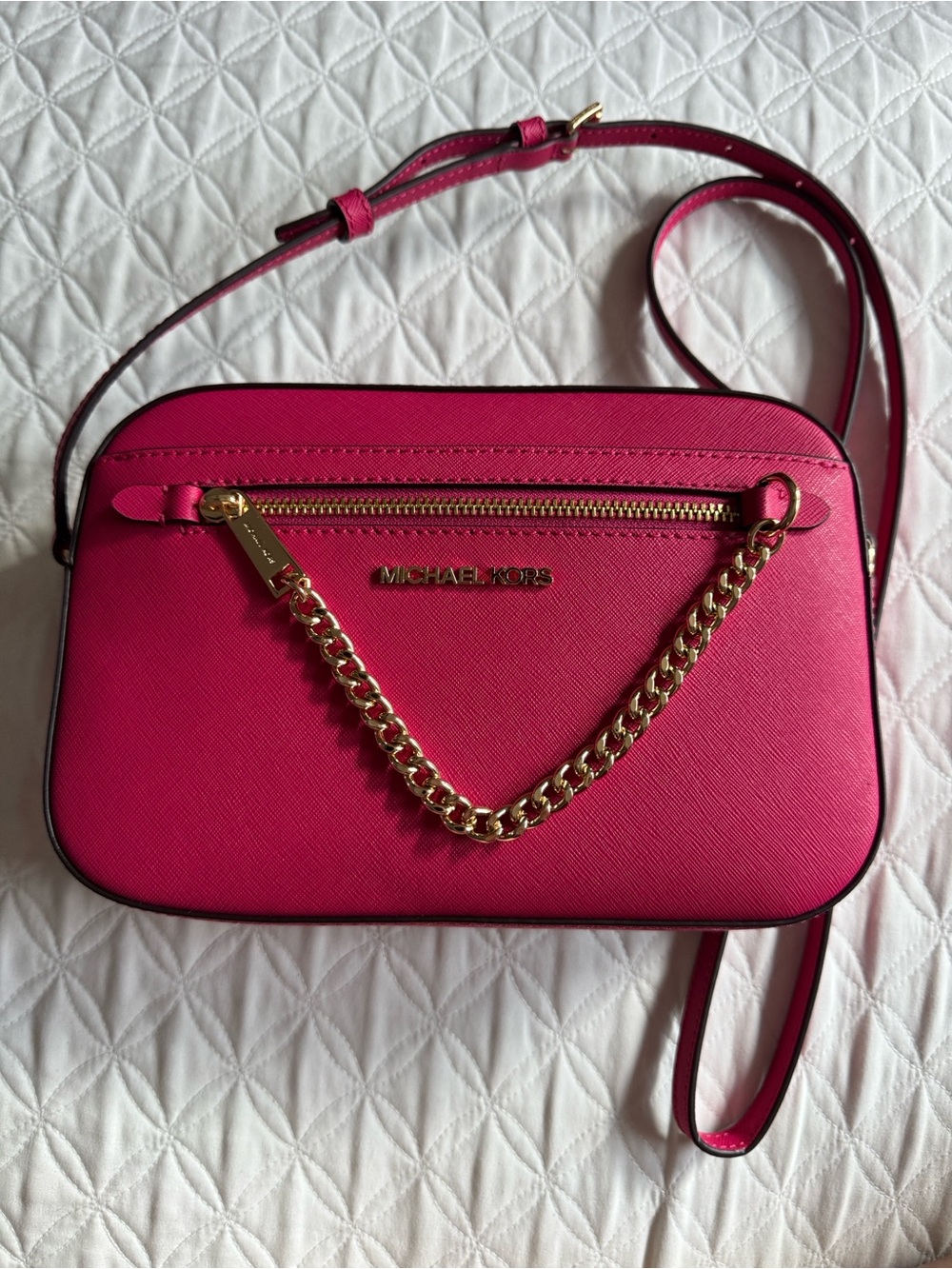 Michael Kors Electric Pink Jet Set Saffiano Leather Crossbody with Gold Chain